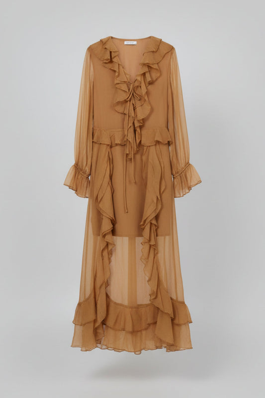 VESTIDO LARGO VOLANTES CAMEL