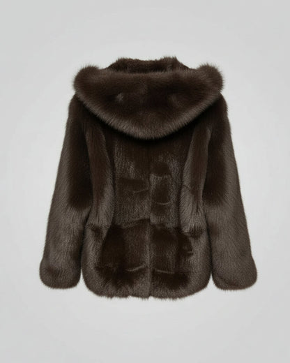 ABRIGO CORTO CAPUCHA EFECTO PELO MARRÓN