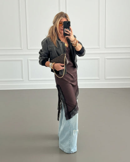 VESTIDO LENCERO ASIMETRICO MARRÓN