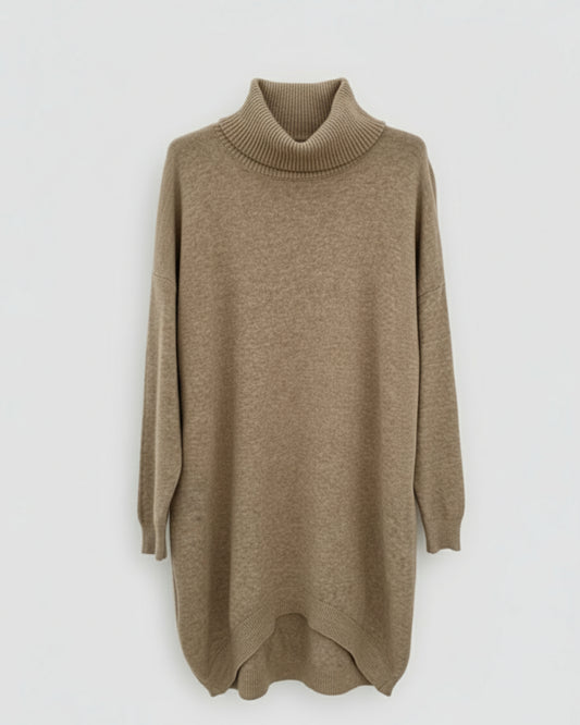 VESTIDO MIDI PUNTO CUELLO SUBIDO CAMEL