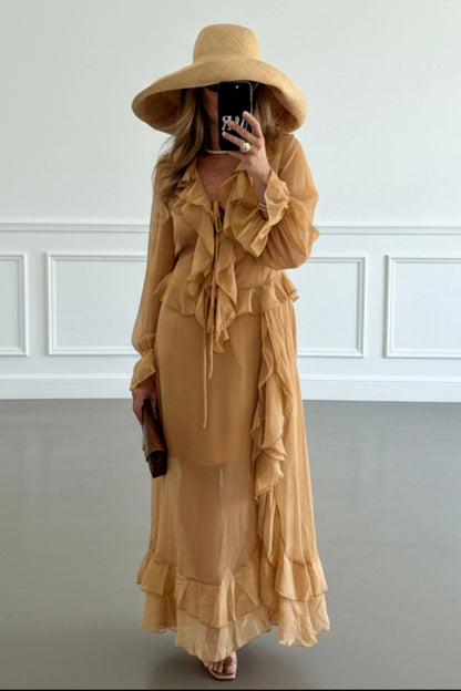 VESTIDO LARGO VOLANTES CAMEL