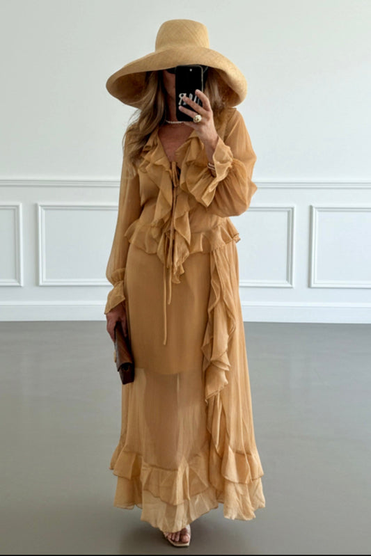 VESTIDO LARGO VOLANTES CAMEL