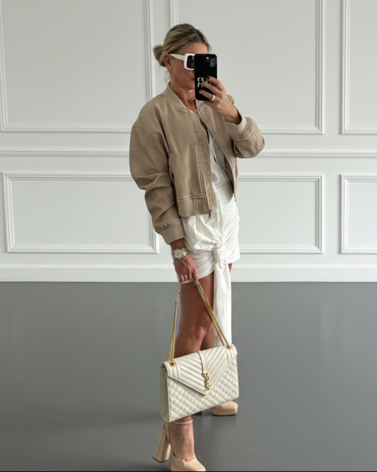 CAZADORA BOMBER EFECTO PIEL BEIGE