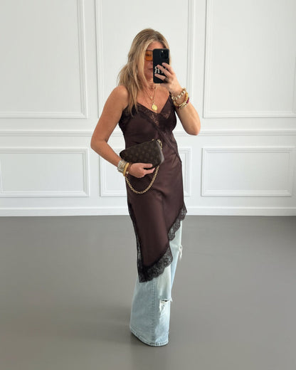 VESTIDO LENCERO ASIMETRICO MARRÓN