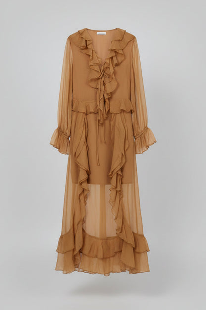 VESTIDO LARGO VOLANTES CAMEL