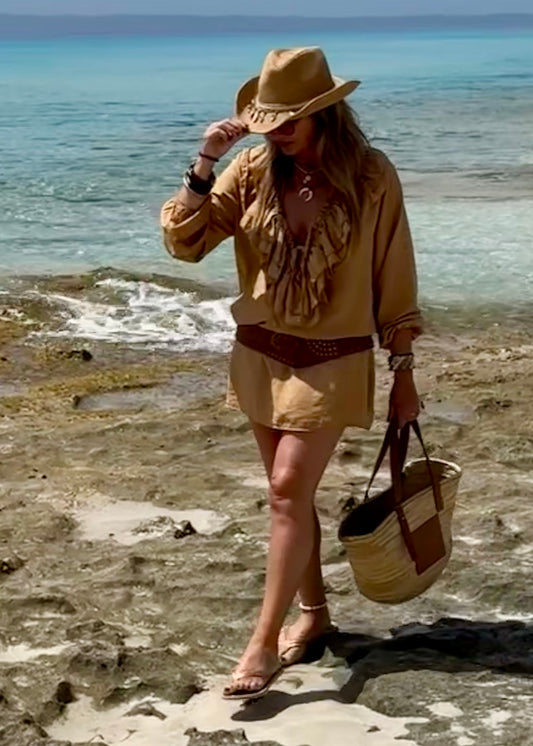 VESTIDO MINI VOLANTES CAMEL