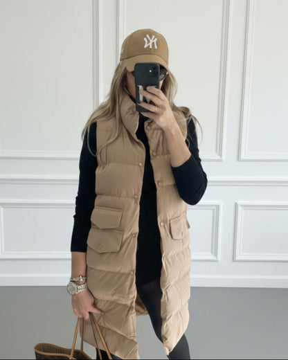 CHALECO ACOLCHADO LARGO CAMEL